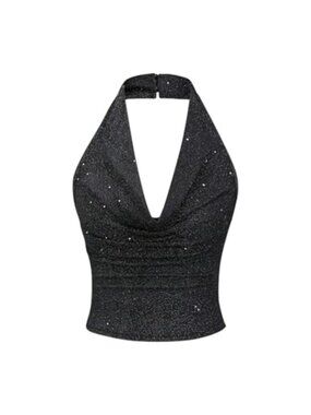 Sequin Halter Top Sparkly Cowl Neck Open Back Sleeveless Going Out Party Rave